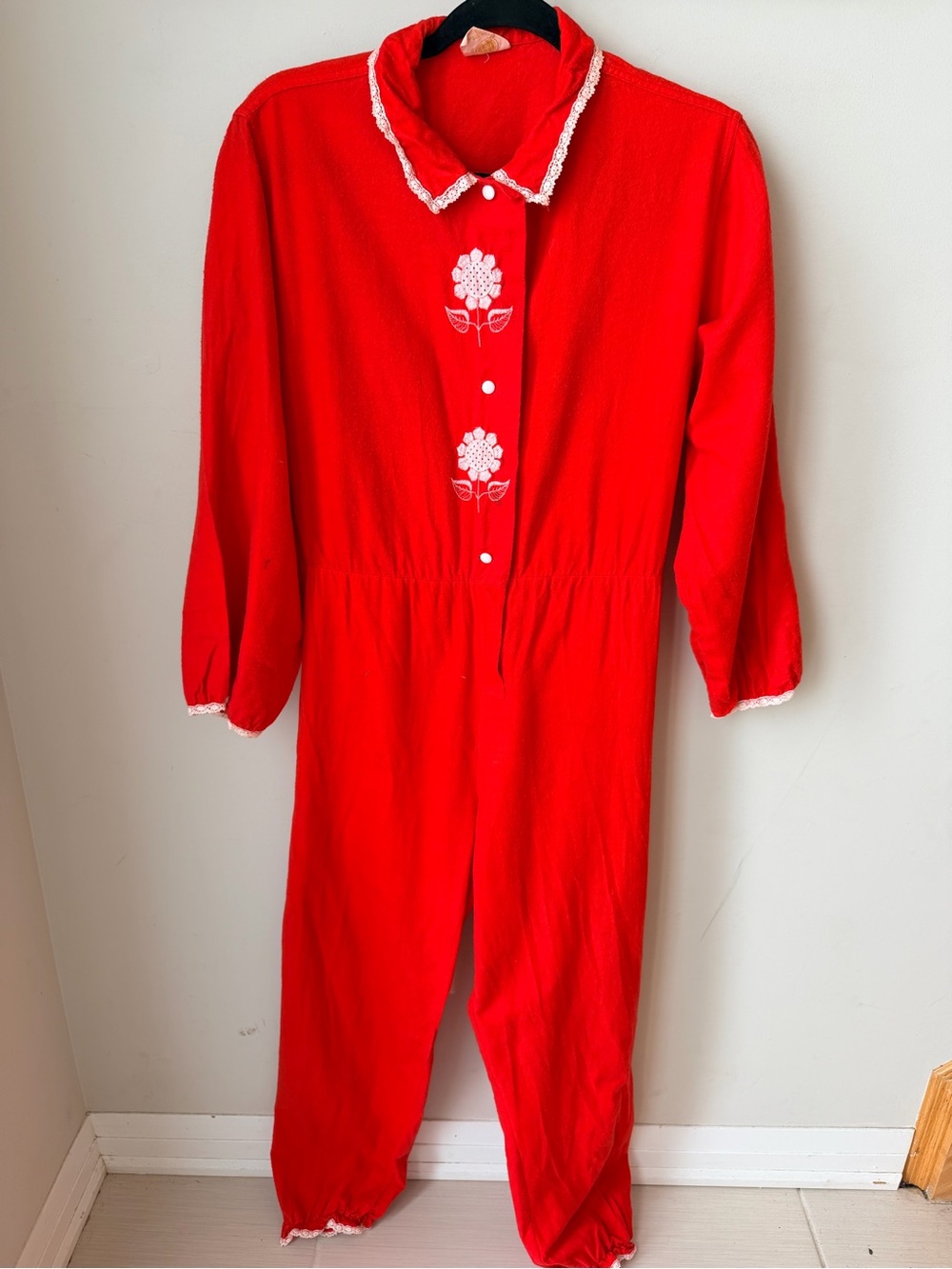 Vintage Sleepease Red Floral Embroidered Onesie Pajamas with Butt Flap